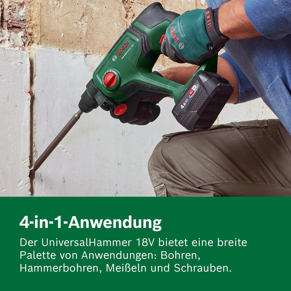 Bosch Akku-Bohrhammer UniversalHammer 18V (1x Akku 4,0 Ah; 18 Volt System; zum Bohren, Hammerbohren, Meißeln und Schrauben; im Koffer)