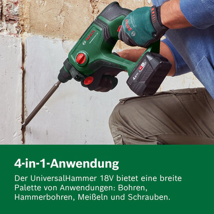 Bosch Akku-Bohrhammer UniversalHammer 18V (1x Akku 4,0 Ah; 18 Volt System; zum Bohren, Hammerbohren, Meißeln und Schrauben; im Koffer)