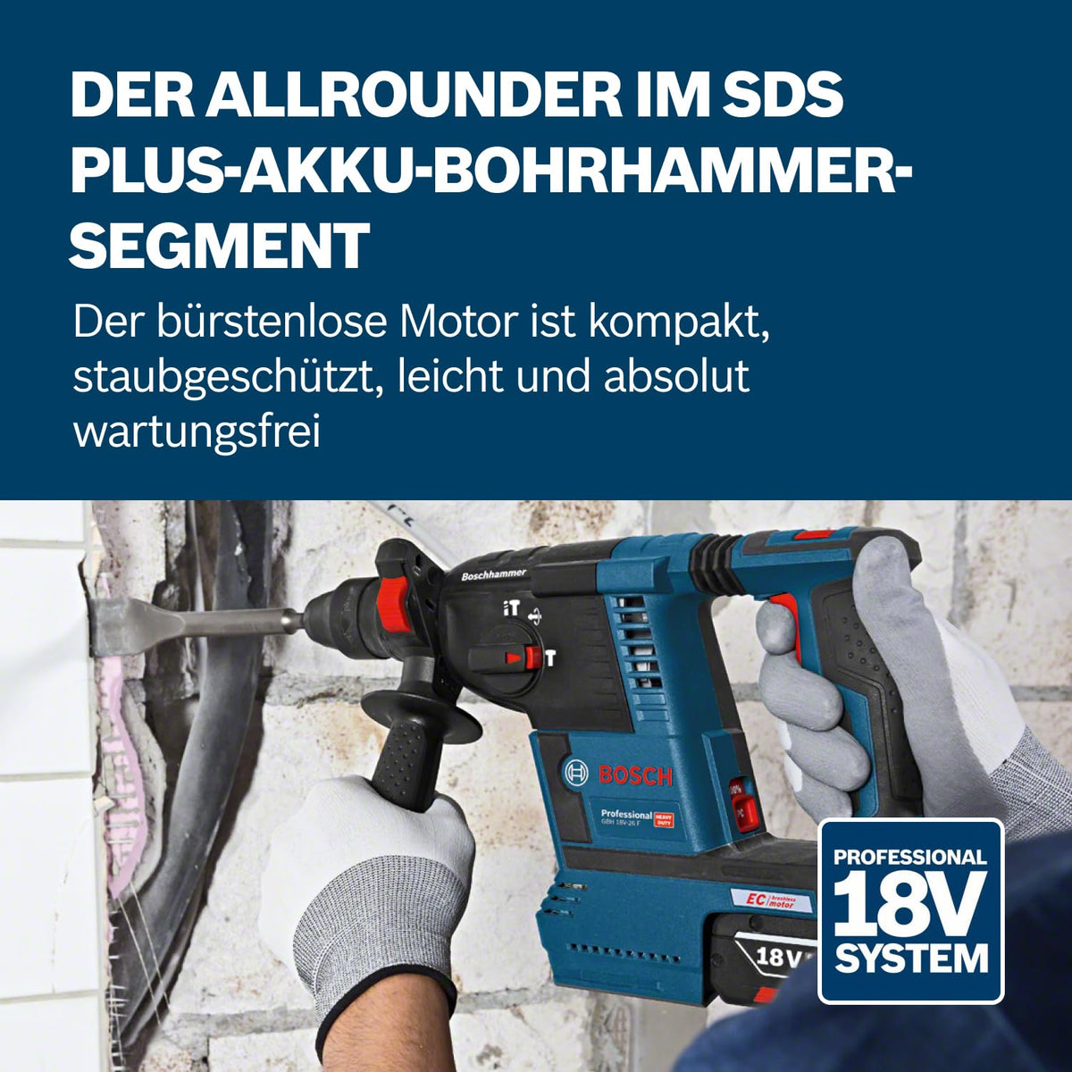 Bosch PRO 18V System Akku Bohrhammer GBH 18V-26 (SDS Plus, Bohr-Ø max: Beton/Stahl/Holz 26/13/30mm, inkl. Zusatzhandgriff, Tiefenanschlag 210mm, Maschinentuch, L-BOXX, ohne Akku/Ladegerät)